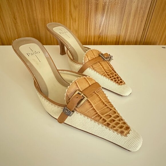 Paola Linea Mules Cream with Alligator Accent and Buckle Size 7 1/2M - Picture 2 of 11